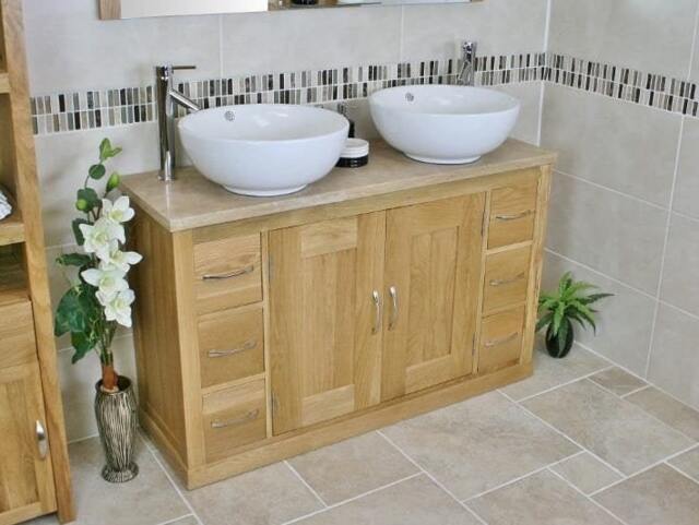 Bathroom Vanity Unit - Solid Oak Travertine Top & Ceramic Basin Set 02Bttcbcx2 - image 1