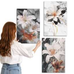 Canvas Set Of 3 - Flowers On A Marble Background in Shades White & Black, Gray Large Wall Art, Plants Decor