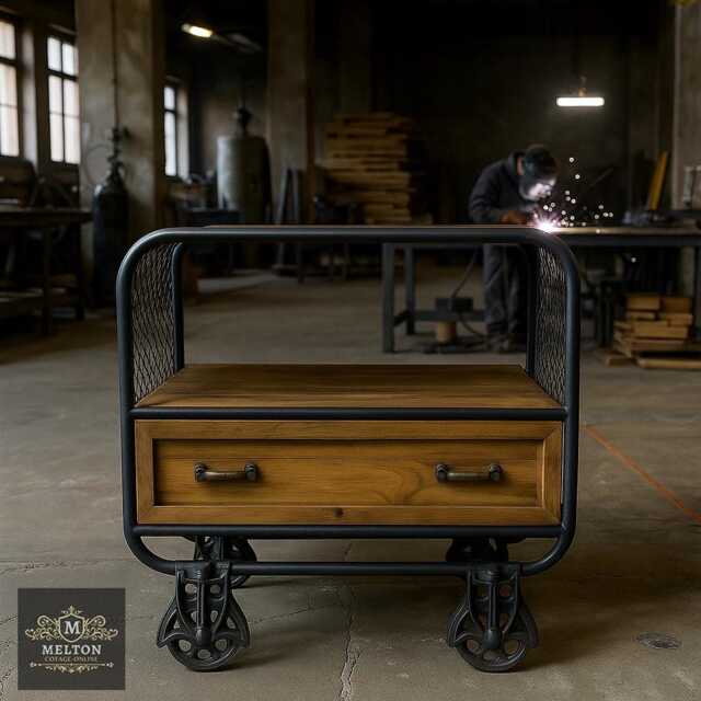 Industrial Side Cabinet Rustic Wood Chest Drawer Vintage Wheel Display Room Unit - image 1