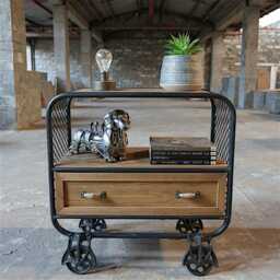 Industrial Side Cabinet Rustic Wood Chest Drawer Vintage Wheel Display Room Unit - thumbnail 3