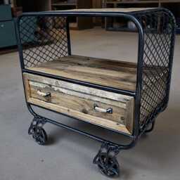Industrial Side Cabinet Rustic Wood Chest Drawer Vintage Wheel Display Room Unit - thumbnail 2
