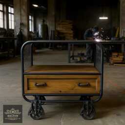 Industrial Side Cabinet Rustic Wood Chest Drawer Vintage Wheel Display Room Unit - thumbnail 1
