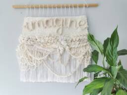 White Wall Hanging, Woven Decor, Minimal Bohemian - thumbnail 1