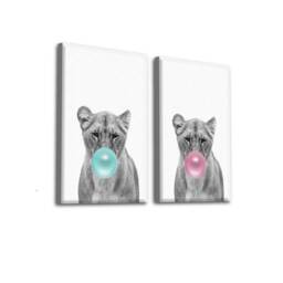 Lion With Pink Bubble Gum. Gifts For Girls. Boys. Wall Art. Animal & Gum Artwork. Gifts. Canvas Set Of 2 - thumbnail 2