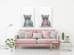 Lion With Pink Bubble Gum. Gifts For Girls. Boys. Wall Art. Animal & Gum Artwork. Gifts. Canvas Set Of 2 - thumbnail 1