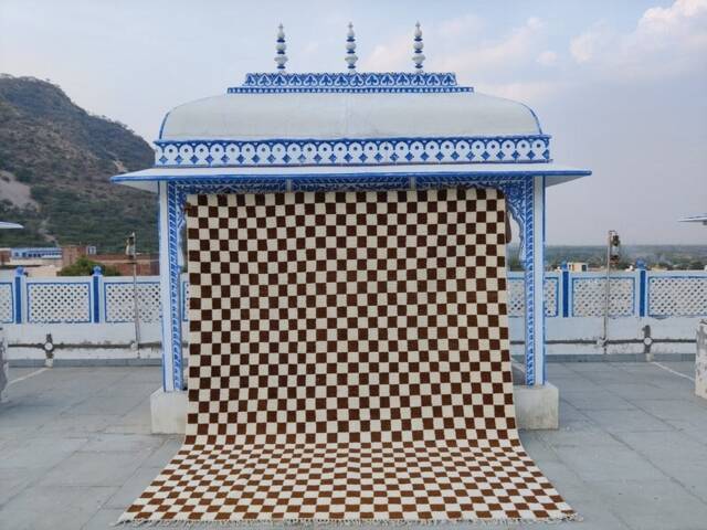 Handmade Wool Checkerboard Rug, Brown & White Berber Design - image 1