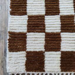 Handmade Wool Checkerboard Rug, Brown & White Berber Design - thumbnail 2