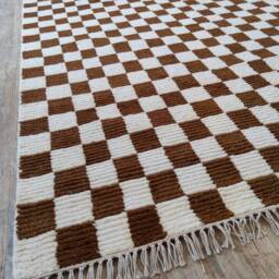 Handmade Wool Checkerboard Rug, Brown & White Berber Design - thumbnail 4