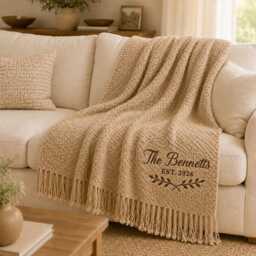Custom Embroidered Knit Throw Blanket, Personalized Couple Name Blanket, Wedding Gift Blanket, Cozy Sofa Throw, Anniversary & Housewarming - thumbnail 2