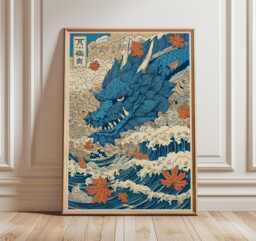 Blue Dragon Art Print, Japanese Wave Poster, Mythical Creature Wall Art, Ukiyo-E Inspired Fantasy Illustration, Modern Oriental Decor - thumbnail 1