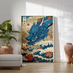 Blue Dragon Art Print, Japanese Wave Poster, Mythical Creature Wall Art, Ukiyo-E Inspired Fantasy Illustration, Modern Oriental Decor - thumbnail 3