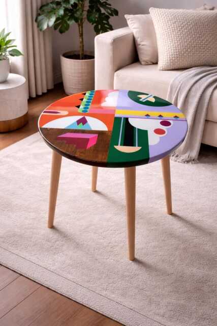 Colorful Resin Round Side End Table, Retro Art Design Wood Coffee Table - image 1