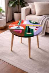 Colorful Resin Round Side End Table, Retro Art Design Wood Coffee Table - thumbnail 1