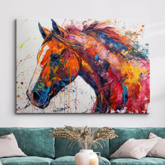 Colorful Horse Animal Abstract Oil Painting Paint Splatter Style Wall Art Framed Canvas Poster Print Home Living Room Decor Fun Gift - image 1