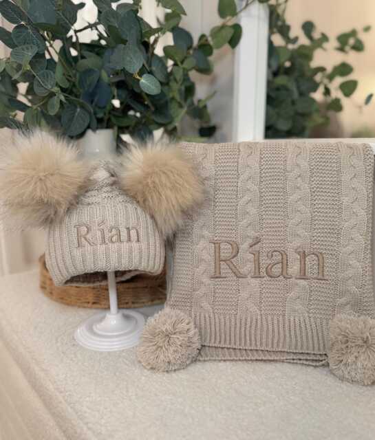 Luxury Baby Blanket & Hat Set -Biscuit-Chunky Knit & -Baby Gift Idea -New Shower-Newborn Pom Matching - image 1
