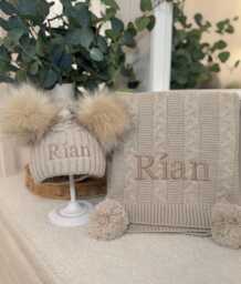 Luxury Baby Blanket & Hat Set -Biscuit-Chunky Knit & -Baby Gift Idea -New Shower-Newborn Pom Matching