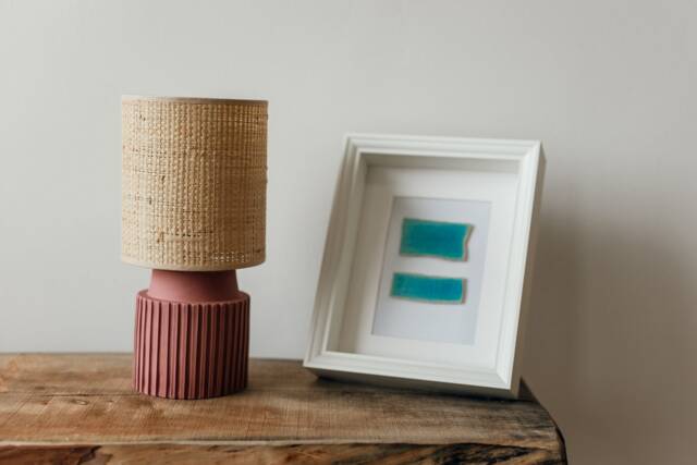 Pink, Salmon Color Handcarved, Round Bedside Ceramic Lamp With Raffia/Rattan Fabric Shade - image 1