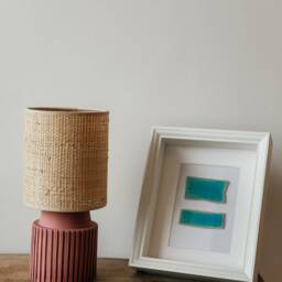 Pink, Salmon Color Handcarved, Round Bedside Ceramic Lamp With Raffia/Rattan Fabric Shade - thumbnail 3