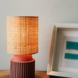 Pink, Salmon Color Handcarved, Round Bedside Ceramic Lamp With Raffia/Rattan Fabric Shade - thumbnail 2