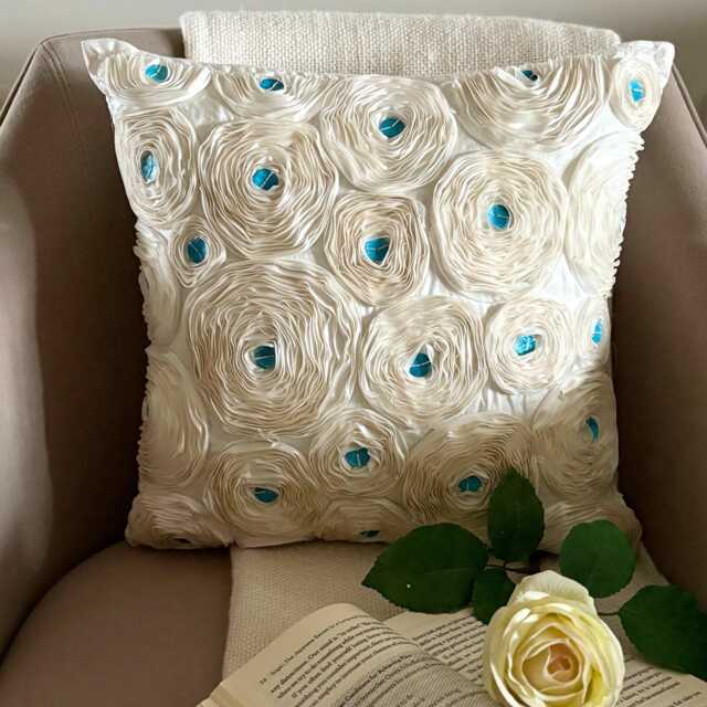 "Art Silk Ribbon Embroidered Ivory Rose Decorative Pillow Sham, 24""x24""/26""x26" - image 1