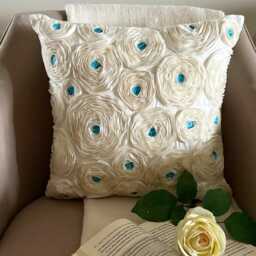 "Art Silk Ribbon Embroidered Ivory Rose Decorative Pillow Sham, 24""x24""/26""x26" - thumbnail 1