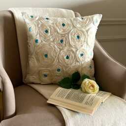 "Art Silk Ribbon Embroidered Ivory Rose Decorative Pillow Sham, 24""x24""/26""x26" - thumbnail 3