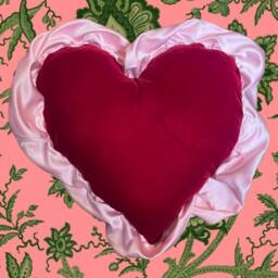 Luxury Handmade Heart Shaped Cushion/Pillow in Red Velvet Leopard Print Reverse Encased Large Pink Satin Ruffles - thumbnail 2