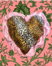 Luxury Handmade Heart Shaped Cushion/Pillow in Red Velvet Leopard Print Reverse Encased Large Pink Satin Ruffles - thumbnail 1