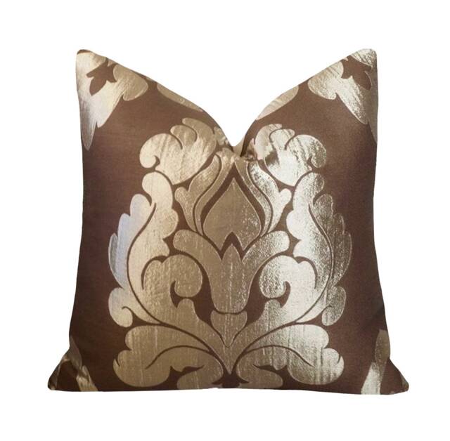 Gold Metallic Damask Brown Pillow Cover - Modern Floral Home Decor Decorative Accent