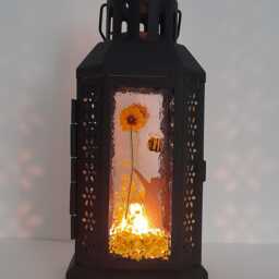 Fused Glass Lantern Cat, Sunflowers & Bee Tealight Holder Candle Holder Cat Gift - thumbnail 2