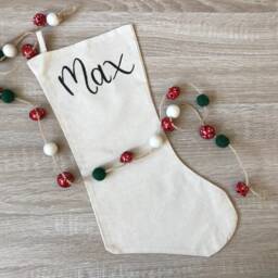 Personalised Linen Christmas Stocking - Hand-Painted Calligraphy Name