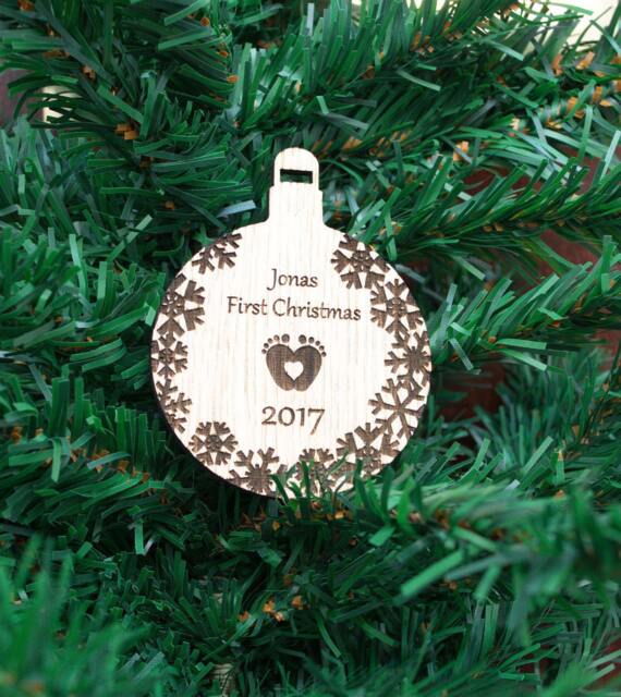 Personalised Oak Baby's First Christmas Bauble Laser Engraved Wood Ornament