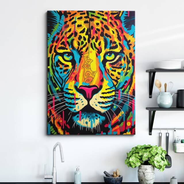 Leopard Head Pop Art Style Abstract Modern Painting Wall Art, Framed Canvas Poster Print, Home Kitchen Office Room Decor, Gifts - image 1