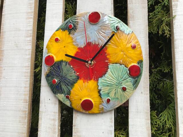 Handmade Ceramic Wall Clock, Modern Floral Decor, 9.06In - image 1