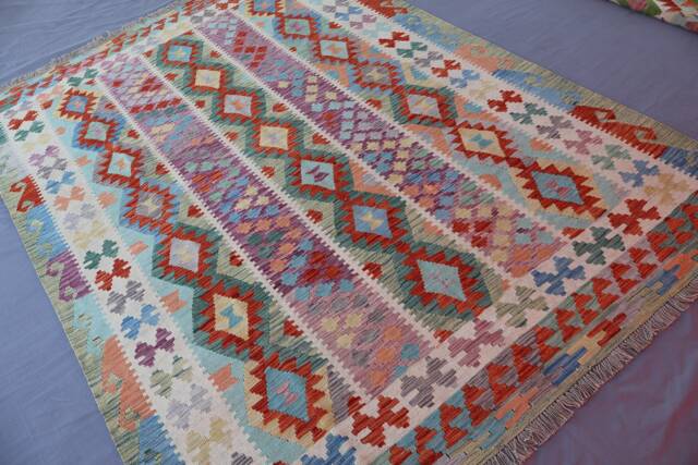 7x10 Afghan Kilim Area Rug - Authentic Handmade Wool Natural Dyes Boho Rug Red Purple Beige Green Rugs For Living Room Reversible - image 1