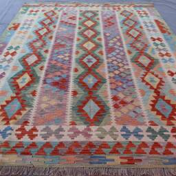 7x10 Afghan Kilim Area Rug - Authentic Handmade Wool Natural Dyes Boho Rug Red Purple Beige Green Rugs For Living Room Reversible - thumbnail 2