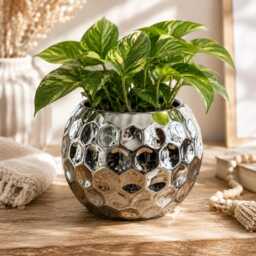 Silver Disco Ball Planter - Mirror Mosaic Plant Pot Retro Indoor Funky Home Decor Vase Gift For Lovers - thumbnail 2