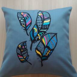 "Gray Decorative Pillow Cover With Machine Embroidery ""Flight Of Feathers" - thumbnail 2