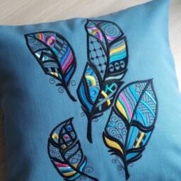 "Gray Decorative Pillow Cover With Machine Embroidery ""Flight Of Feathers" - thumbnail 3