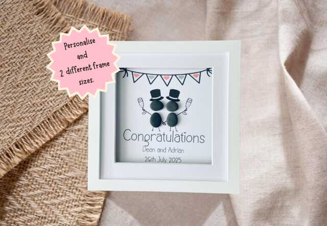 Personalised Wedding Frame - Unique Mr & Gift Custom Pebble Picture Ideal Present, Gay Wedding Gift, Present - image 1