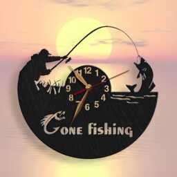 Wall Clock Fisher Gift Wood Non-Ticking, Fisherman Personalized Fishing Large 12-18Inch, Art Decor - thumbnail 1
