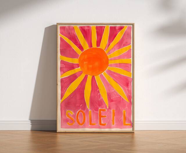 Soleil Colourful Summer Print, Retro Sun Poster, Abstract Modern Decor, Trendy Pink & Yellow Art, Boho Contemporary Aesthetic Art - image 1
