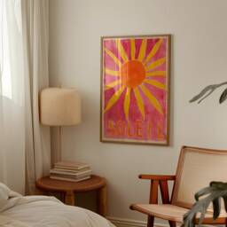 Soleil Colourful Summer Print, Retro Sun Poster, Abstract Modern Decor, Trendy Pink & Yellow Art, Boho Contemporary Aesthetic Art - thumbnail 3