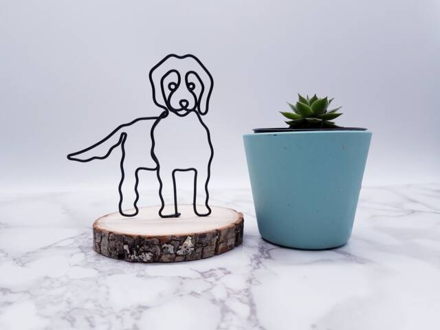 Wire Goldendoodle Sculpture, Pet Memorial On Basswood Coaster - image 1