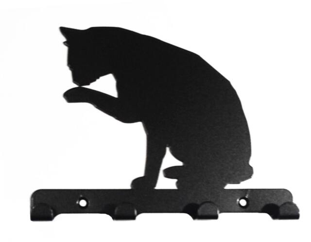 Cat Licking Paw Silhouette Key Hook Rack - Metal Wall Art