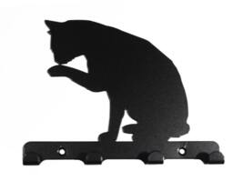 Cat Licking Paw Silhouette Key Hook Rack - Metal Wall Art