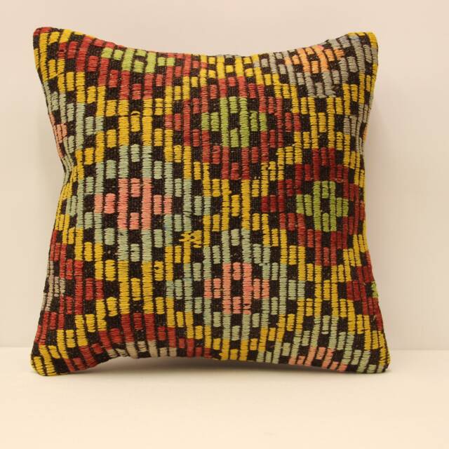 Vintage Turkish Kilim Pillow Cover, Wool Throw - 18x18 - image 1