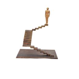 Cast Bronze Male Figure Sculpture On Stairs, Signed Art - thumbnail 1