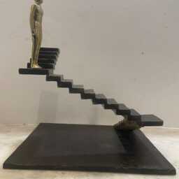 Cast Bronze Male Figure Sculpture On Stairs, Signed Art - thumbnail 3