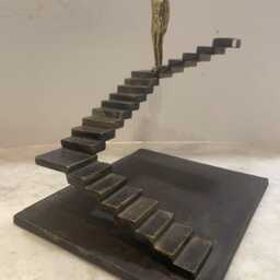 Cast Bronze Male Figure Sculpture On Stairs, Signed Art - thumbnail 4